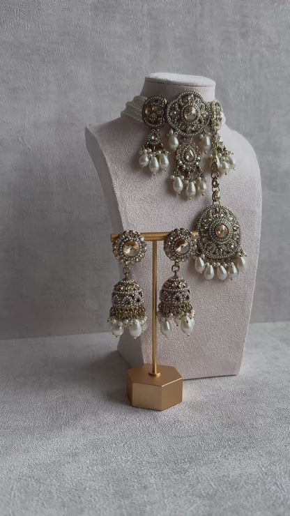 Ayura Designs Azhar Choker Set with Jhumkis & Tikka – Champagne Gold, White Pearls, Polki with Champagne Stones