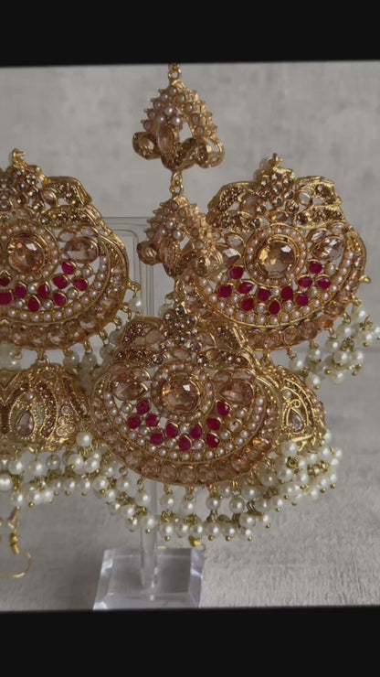 Ayura Designs Zarnigar Tikka Set with Sahare Jhumkis – Champagne & Ruby Stones with Pearl Detailing