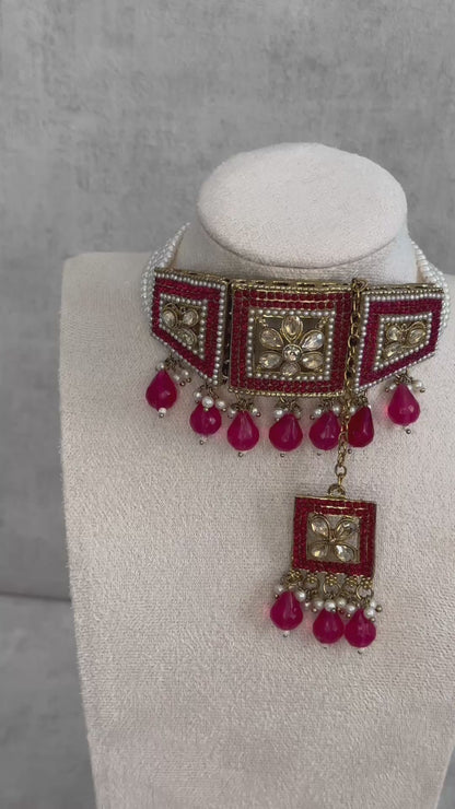 Ayura Designs Rehmat Set – Pearl & Pink Choker with Matching Earrings & Tikka, Adorned with Kundan and Pink Teardrop Beads