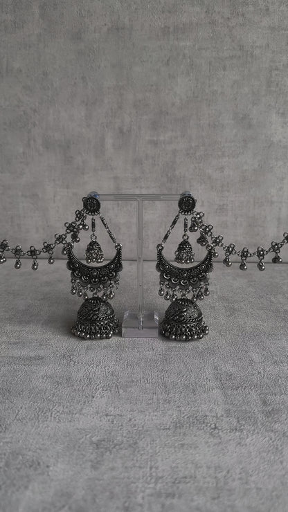 Ayura Designs Nazaakat Jhumkas - Oxidised Silver Earrings with Detachable Sahare | Antique Finish