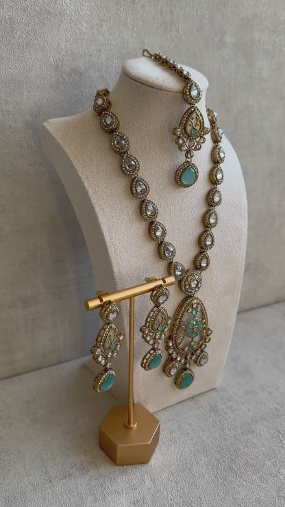 Ayura Designs Ayaani Long Necklace/Haar Set — Exquisite Turquoise and Gold Ensemble with Earrings & Tikka