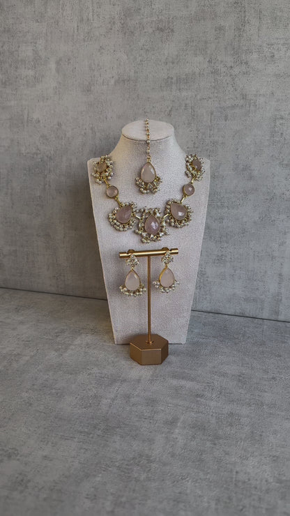 Ayura Designs Parisa Set with Tikka & Earrings – Rose Quartz, Crystals & Pearls