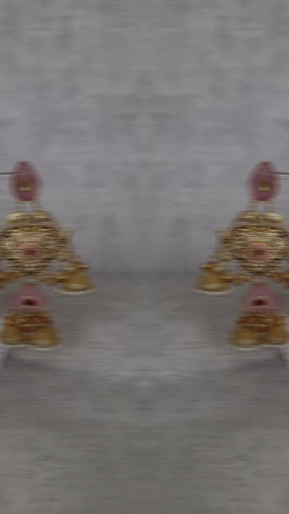 Ayura Designs Areesha Earrings – Gold-Plated Earrings with Blush Pink Enamel, Layered Jhumkas & Pearl Detailing