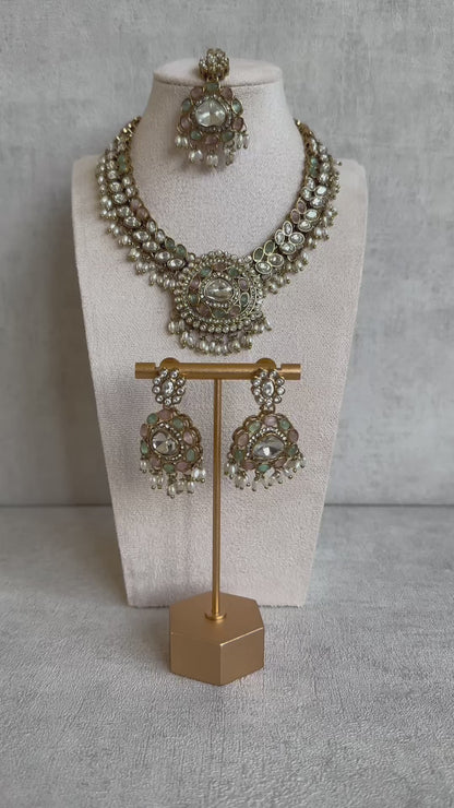 Ayura Designs Warda Set with Earrings & Tikka – Pistachio Green & Blush Pink Stones, Pearls & Antique Gold Finish