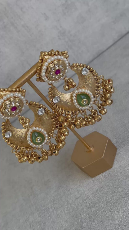 Ayura Designs Naaz Earrings – Antique Gold Jhumkas with Green Teardrop Stone, Pearl Embellishments & Ghungroo Detailing
