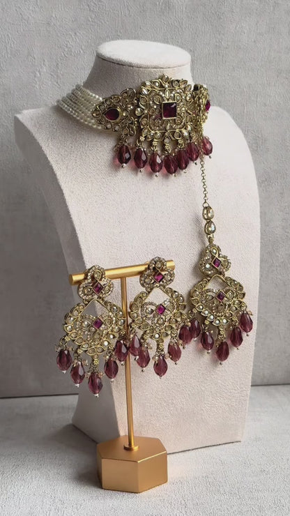 Ayura Designs Alveena Set – Majestic Gold-Tone Choker, Opulent Chandelier Earrings & Tikka, Lavishly Adorned with Radiant Wine-Tinted Crystals