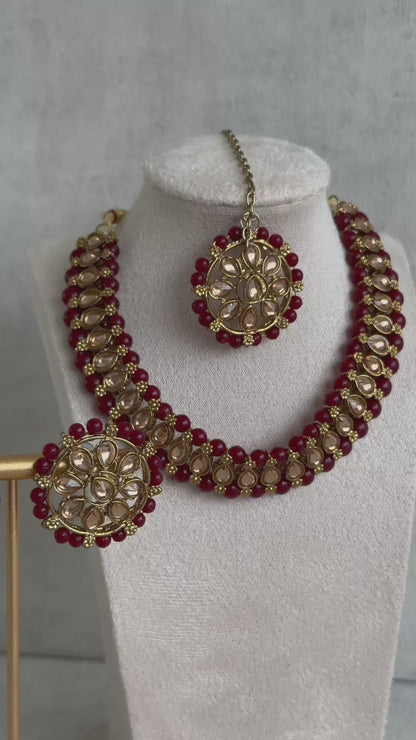 Ayura Designs Hala Set with Tikka & Studs – Maroon Beads & Champagne Kundan
