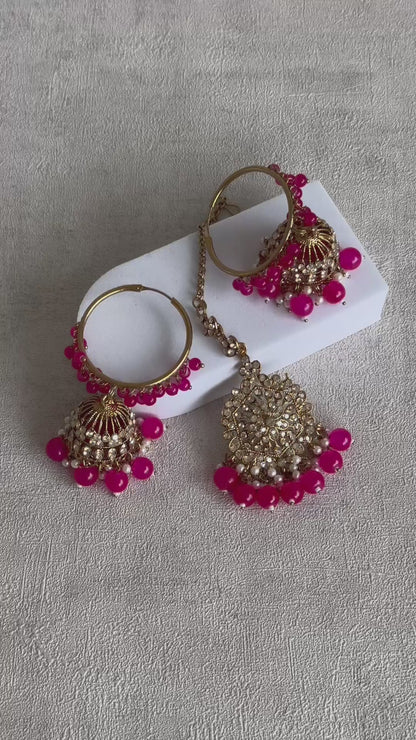 Ayura Designs Dastoor Tikka Set with Balis – Fuchsia Beads, Champagne Stones & Pearls