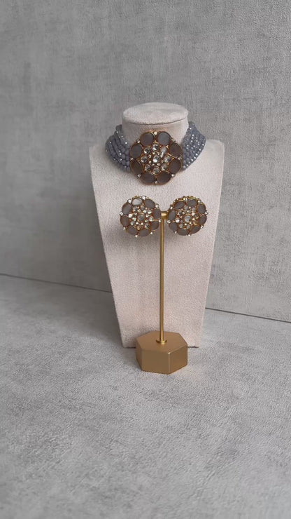 Ayura Designs Yasmin Kundan Choker Set with Studs – Dove Grey Beads & Mirror-Cut Stones