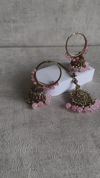 Ayura Designs Dastoor Tikka Set with Balis – Baby Pink Beads, Champagne Stones & Pearls