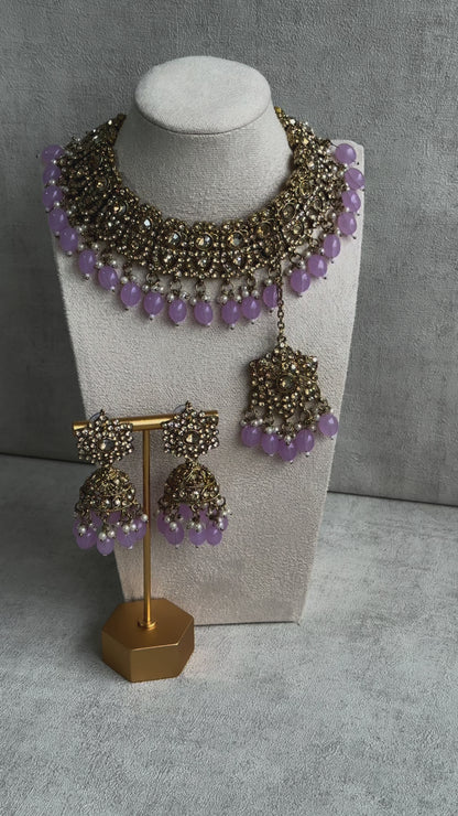 Ayura Designs Siya Set with Jhumkis & Tikka – Champagne-Toned Beauty with Lilac Beads