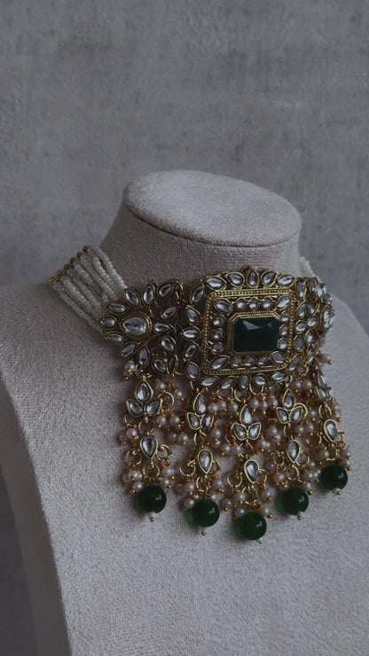 Ayura Designs Maya Set with Jhumkis & Tikka – Emerald Green Stones & Kundan Detailing