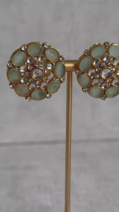 Ayura Designs Yasmin Kundan Choker Set with Studs – Leaf Green Beads & Mirror-Cut Stones