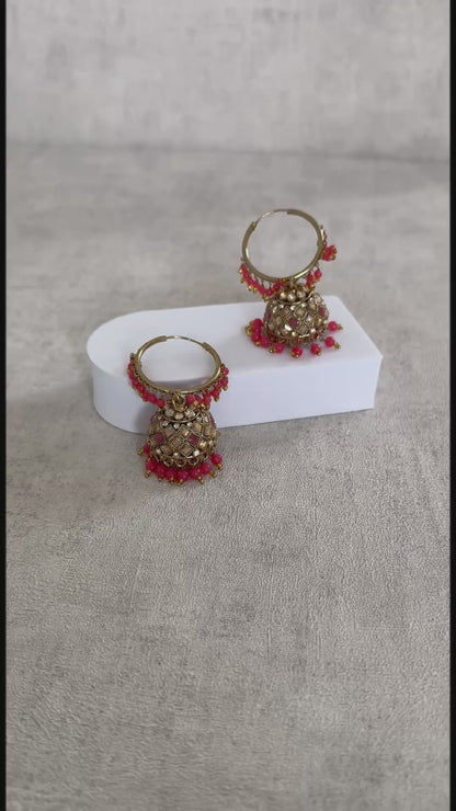 Ayura Designs Jugni Bali Jhumkas – Antique Gold with Coral Peach Beads