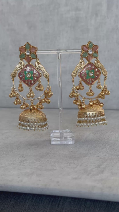 Ayura Designs Farida Earrings – Brass Jhumka Earrings with Pastel Green & Blush Pink Enamel, Bird Motifs and Pearl Dangling Drops