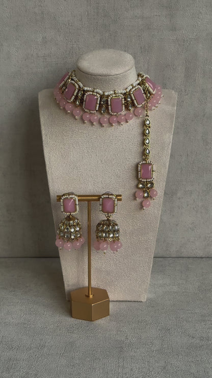 Ayura Designs Samaya Set with Jhumkis & Tikka – Blush Pink Stones, Kundan Detailing & Gold Finish