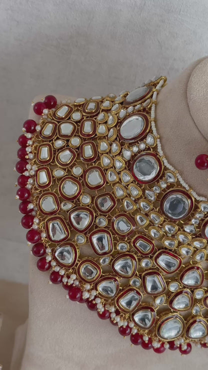 Ayura Designs Gulbadan Bridal Set with Necklace, Jhumkis, Tikka, Nath, Ring & Sheeshphool – Jadau Kundan Craftsmanship with Mirror-Cut Polki, Ruby Red Stones & Antique Gold Finish