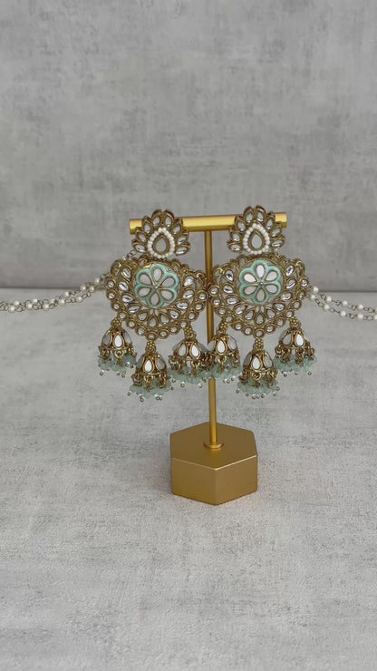 Ayura Designs Issa Earrings – Opulent Gold & Sahare Chandbali Jhumkas with Mint Green Enamel, Polki Kundan & Pearl Elegance