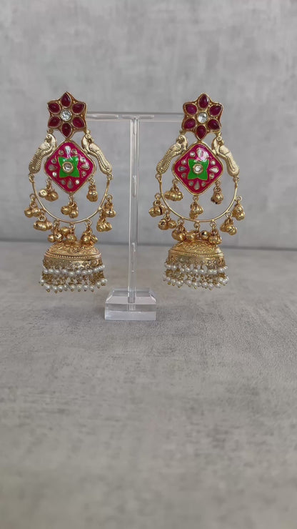 Ayura Designs Farida Earrings – Brass Jhumka Earrings with Ruby & Green Enamel, Bird Motifs and Pearl Dangling Drops