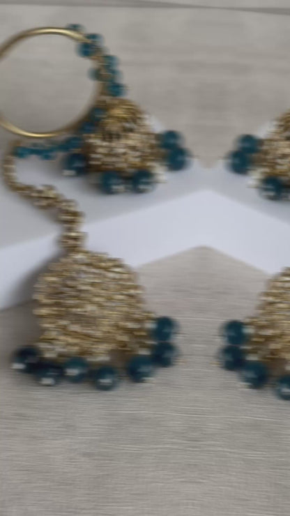 Ayura Designs Dastoor Tikka Set with Balis – Midnight Blue Beads, Champagne Stones & Pearls