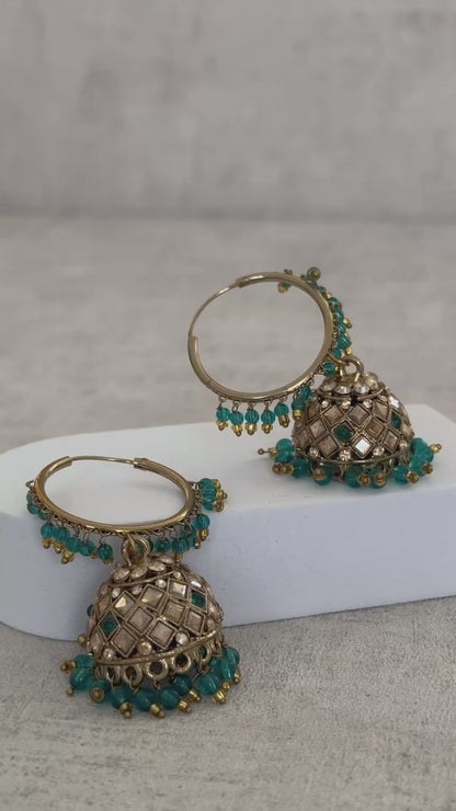 Ayura Designs Jugni Bali Jhumkas – Antique Gold with Teal Green Beads