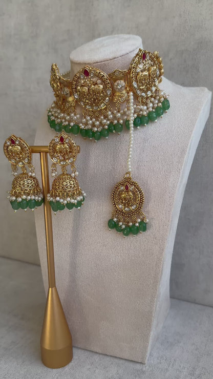 Ayura Designs Tanu Choker Set with Earrings & Tikka – A Golden Harmony of Pearls, Emerald Hues & Crimson Accents