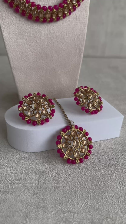 Ayura Designs Hala Set with Tikka & Studs – Magenta Beads & Champagne Kundan