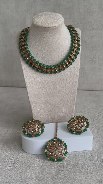 Ayura Designs Hala Set with Tikka & Studs – Emerald Green Beads & Champagne Kundan