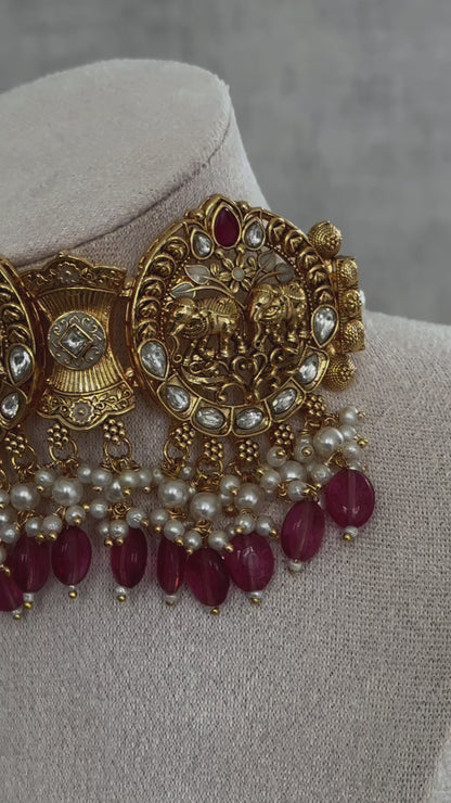 Ayura Designs Tanu Choker Set with Earrings & Tikka – A Golden Harmony of Pearls, Ruby Red Accents & Intricate Gold Detailing