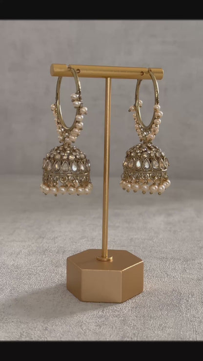 Ayura Designs Jugni Bali Jhumkas – Antique Gold with Ivory Pearl Accents