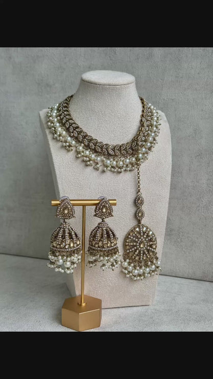 Ayura Designs Zohra Set – Exquisite Gold Ensemble Adorned with Polkis & Pearls | Includes Jhumkis & Tikka