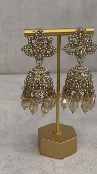 Ayura Designs Wafa Jhumkis – Gold & Champagne Crystal Elegance
