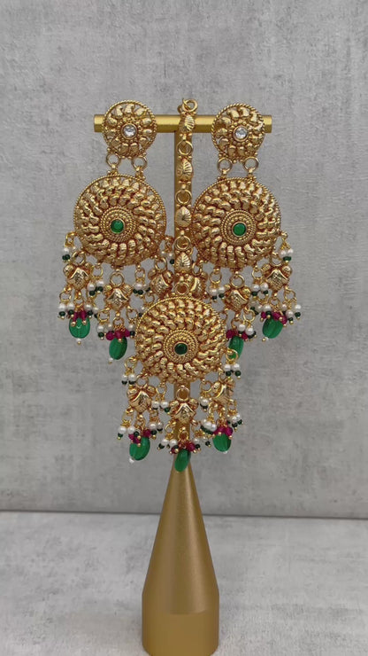 Ayura Designs Hoor Tikka & Earrings – Opulent Gold Adornment with Emerald Green, Pink and White Beads