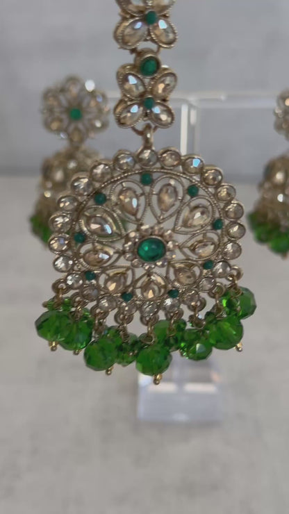 Ayura Designs Hookum Antique Gold Tikka Set – Elegant Earrings & Tikka with Olive Green Bead Accents