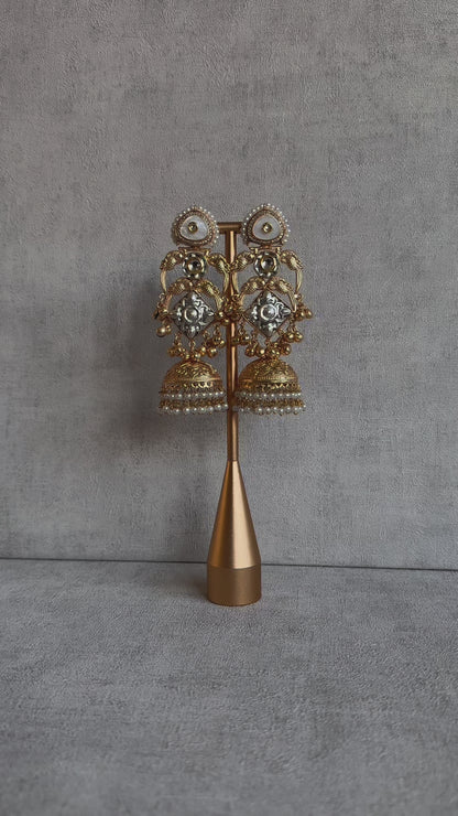 Ayura Designs Zaqsa Earrings – Dual-Tone Antique Gold & Silver Jhumkas with Bird Motifs, Kundan Accents & Pearl Drops
