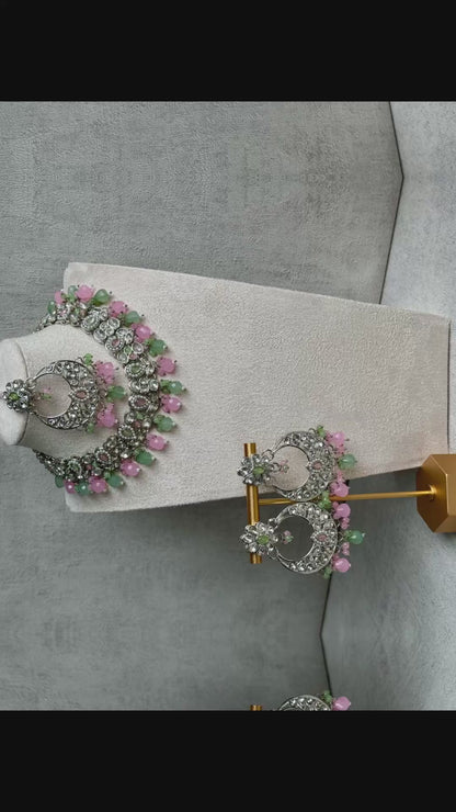 Ayura Designs Sara Set Earrings & Tikka - Exquisite Silver Adornments with Studded Polki Stones & Pink & Green Beads