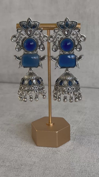 Ayura Designs Noorani Earrings – Oxidised Silver with Lajwardi Blue Stones, Kundan Detailing & Enamelled Jhumkis