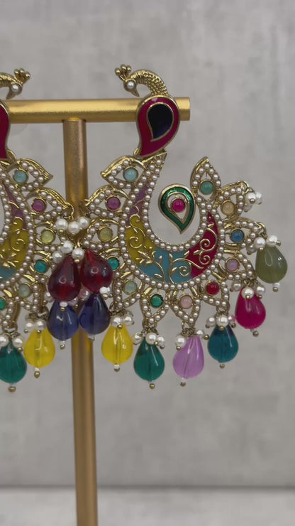 Ayura Designs Moorni Earrings – Peacock-Inspired Chandbalis with Multicoloured Meenakari, Kundan, and Pearl Accents