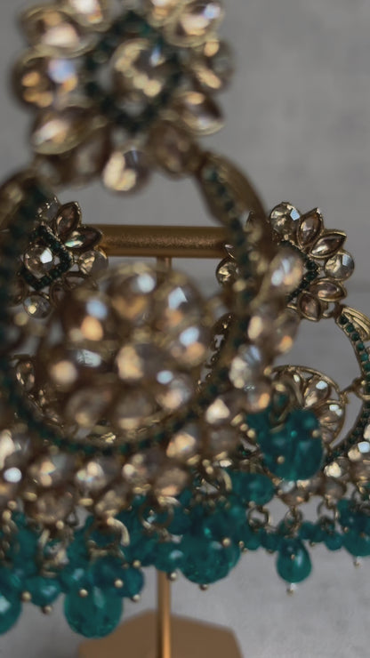 Ayura Designs Feroza Tikka & Earrings Set – Gold-Plated with Handcrafted Kundan Work, Teal Bead Droplets & Intricate Floral Motifs