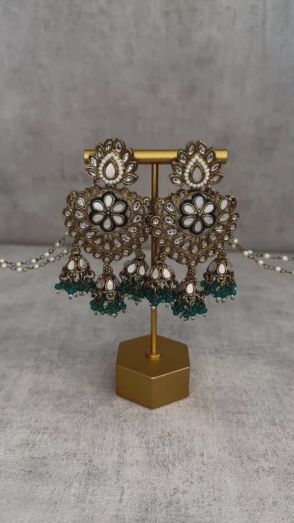 Ayura Designs Issa Earrings – Opulent Gold & Sahare Chandbali Jhumkas with Deep Emerald Green Enamel, Polki Kundan & Pearl Accents