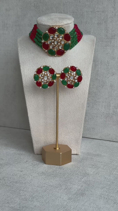 Ayura Designs Yasmin Kundan Choker Set with Studs – Ruby Red & Emerald Green Beads with Mirror-Cut Stones