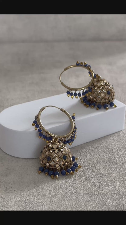 Ayura Designs Jugni Bali Jhumkas – Antique Gold with Royal Blue Beads