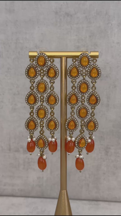 Ayura Designs Mia Earrings – Handcrafted Gold-Toned Cascading Earrings with Orange Gemstones, Pearl Accents & Elegant Drop Detailing