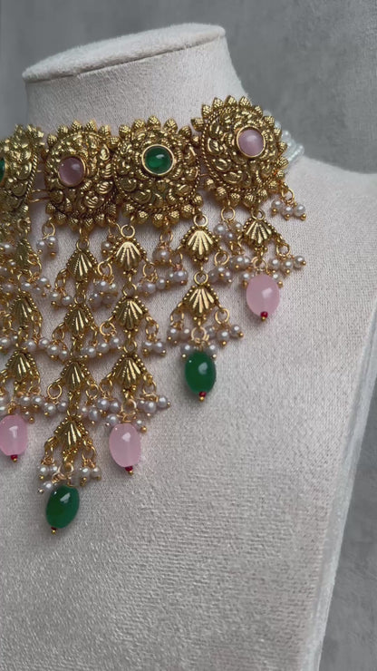 Ayura Designs Zahara Choker Set with Earrings & Tikka – Exquisite Gold Adorned with Pink & Green Gemstones