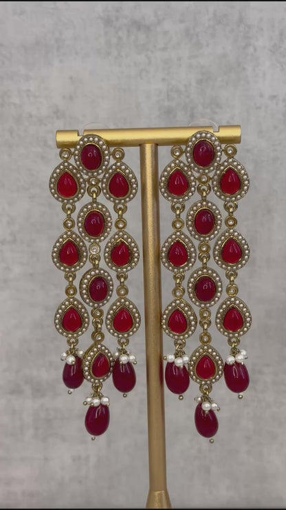 Ayura Designs Mia Earrings – Handcrafted Gold-Toned Cascading Earrings with Red Gemstones, Pearl Accents & Elegant Drop Detailing