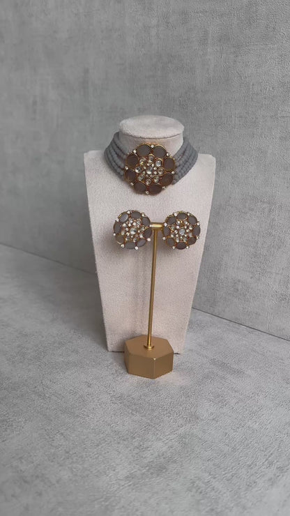 Ayura Designs Yasmin Kundan Choker Set with Studs – Slate Grey Beads & Mirror-Cut Stones