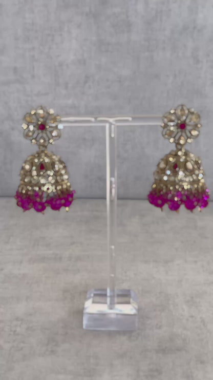 Ayura Designs Hookum Antique Gold Tikka Set – Elegant Earrings & Tikka with Fuchsia Bead Accents