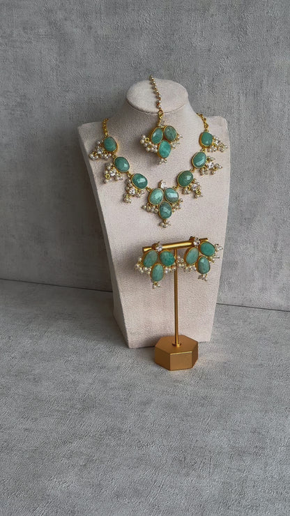 Ayura Designs Anahita Set with Tikka & Earrings – Amazonite, Crystals & Pearls