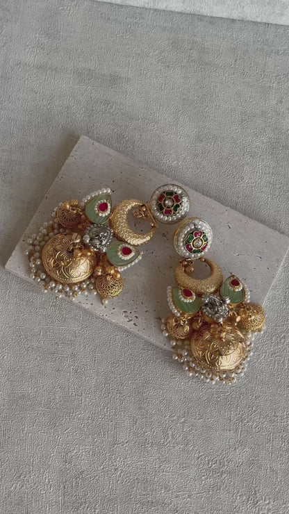 Ayura Designs Wajiha Earrings – Antique Gold Chandbalis with Meenakari Studs, Crescent Drops, Mint Enamel Petals & Layered Pearl Jhumkas