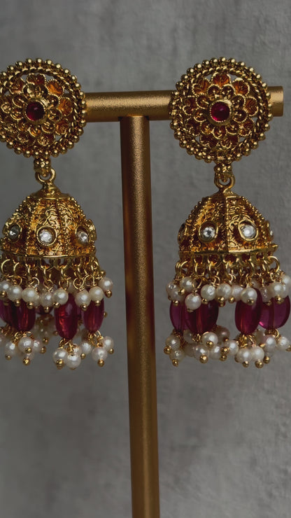 Ayura Designs Gulab Set with Jhumkis – Opulent Gold Adorned with Red & White Beads